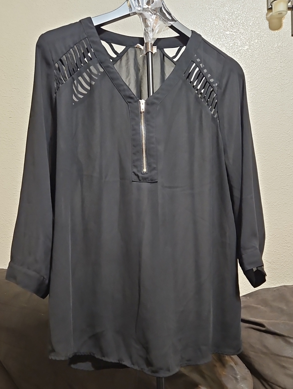 Women's Black V-Neck Zip Tunic with Laser-Cut Shoulder Detail